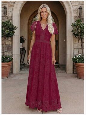 Burgundy Lace Boho Bridesmaid Maxi Dress
